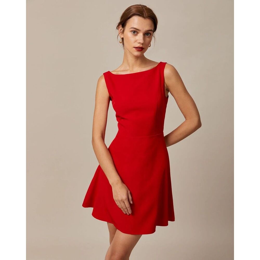 NWT Rihoas The Red Boat Neck High Waisted Mini Romantic Dress Size Large